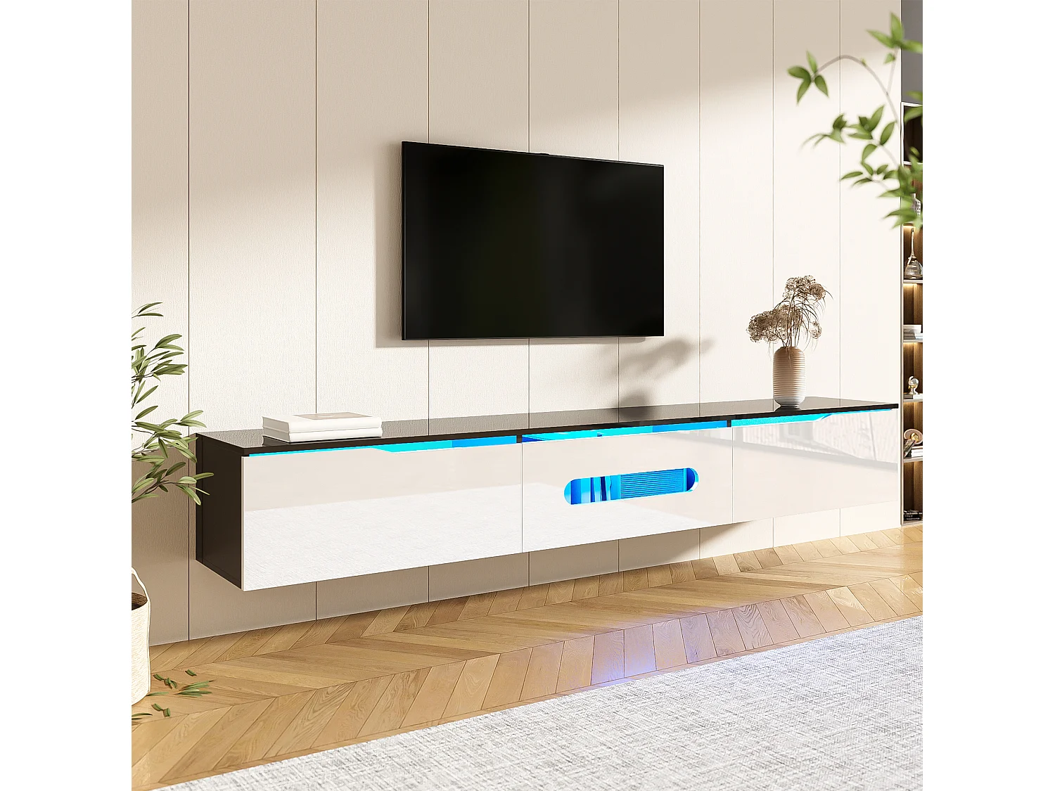 Meuble TV noir et blanc, 180 cm, surface laquée, avec éclairage LED 16 couleurs, montable au mur
