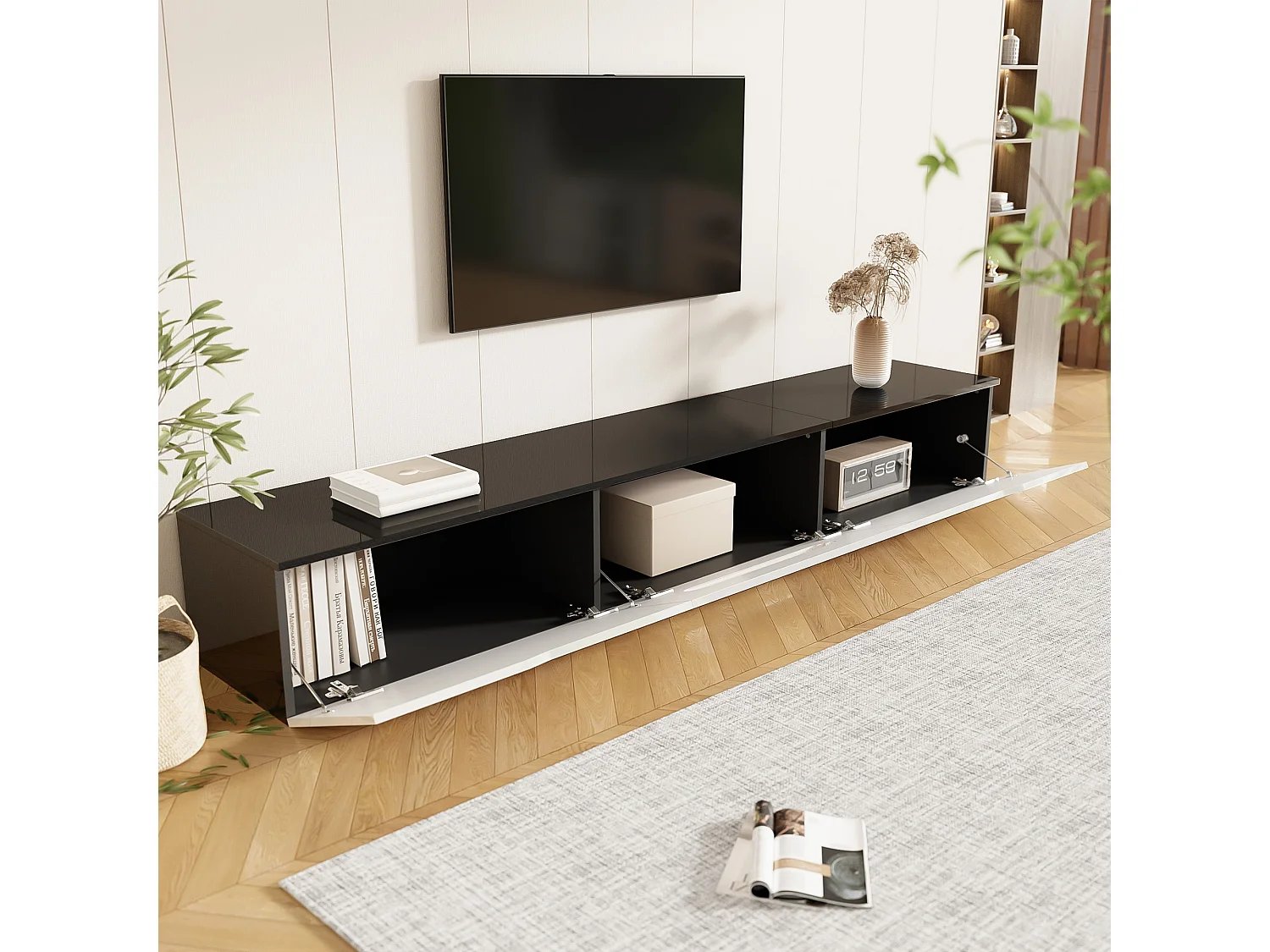 Meuble TV noir et blanc, 180 cm, surface laquée, avec éclairage LED 16 couleurs, montable au mur