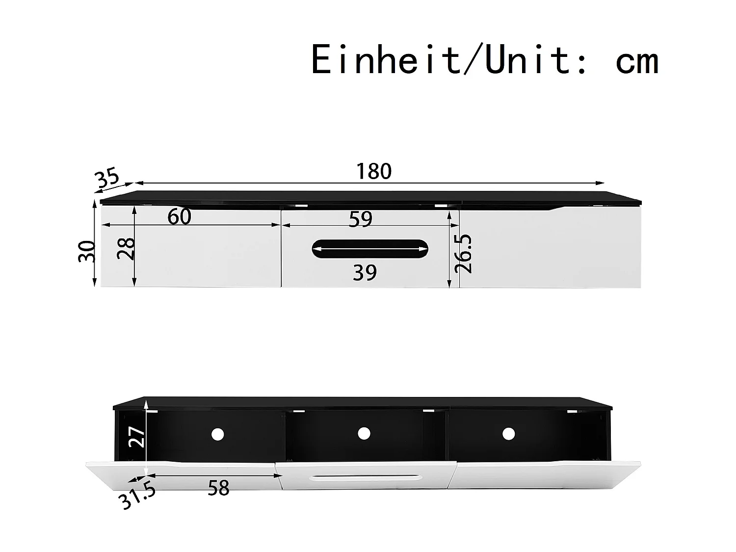Meuble TV noir et blanc, 180 cm, surface laquée, avec éclairage LED 16 couleurs, montable au mur