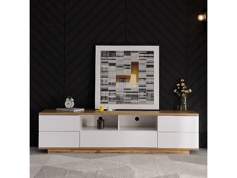 Meuble TV moderne à blocs de couleurs, finition blanche, avec motif bois, 180 cm