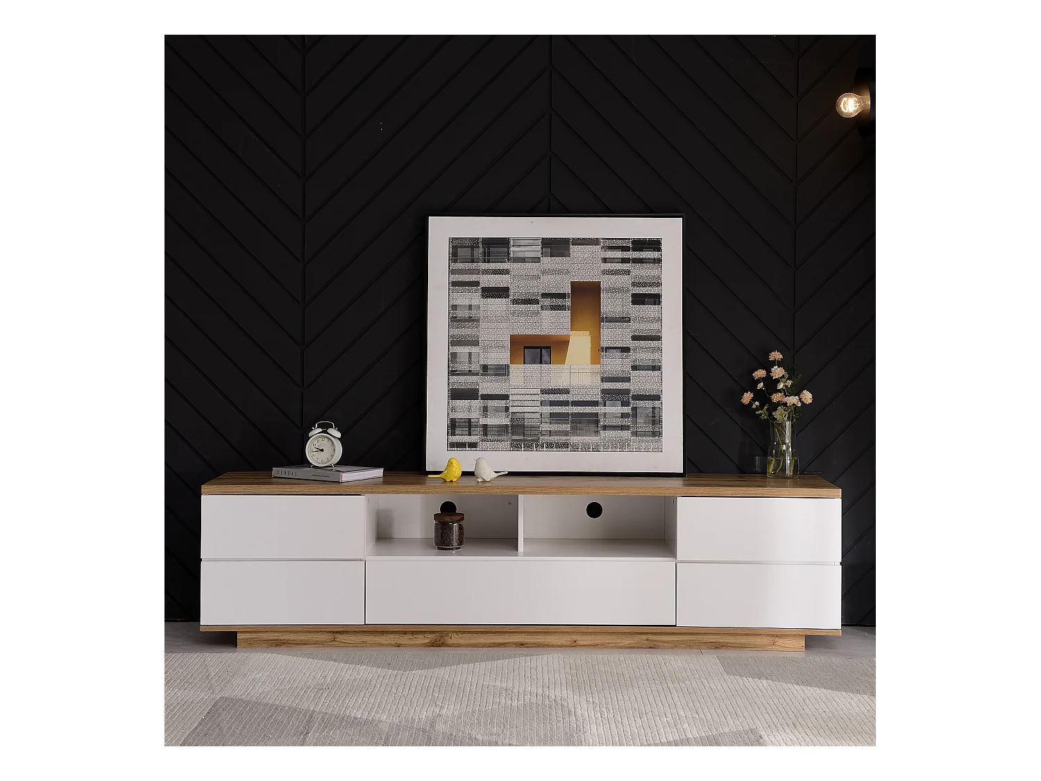 Meuble TV moderne à blocs de couleurs, finition blanche, avec motif bois, 180 cm