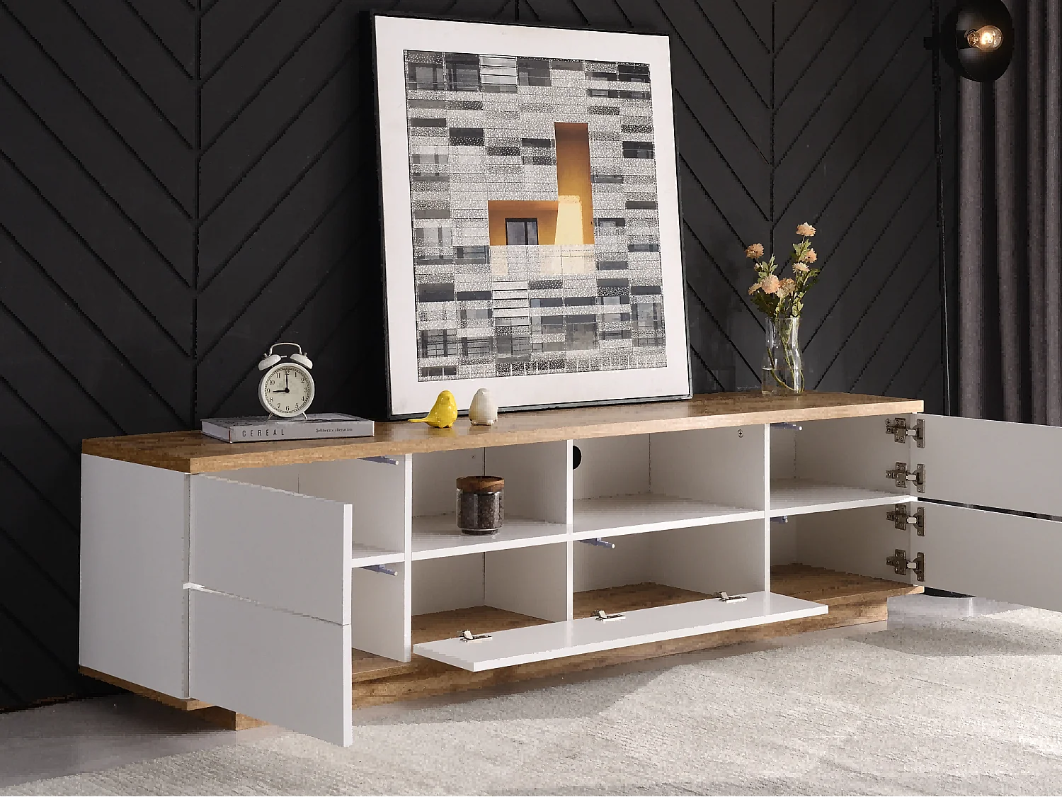 Meuble TV moderne à blocs de couleurs, finition blanche, avec motif bois, 180 cm