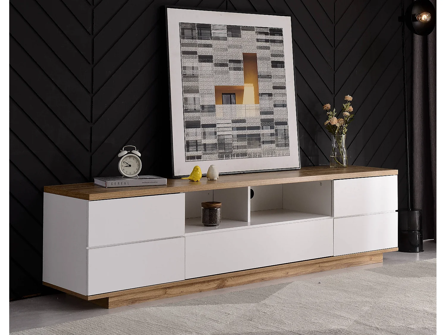 Meuble TV moderne à blocs de couleurs, finition blanche, avec motif bois, 180 cm