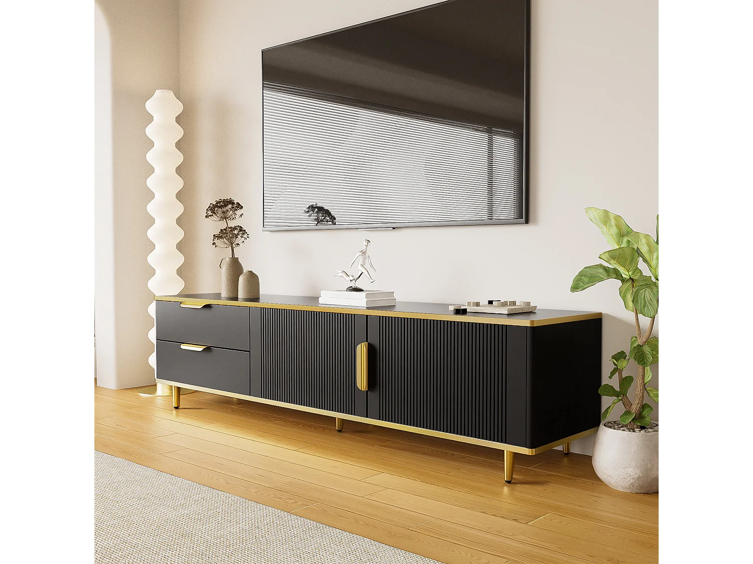Tv-meubel 175x40x45 cm van spaanplaat, zwart met goud, met lades en opbergruimte