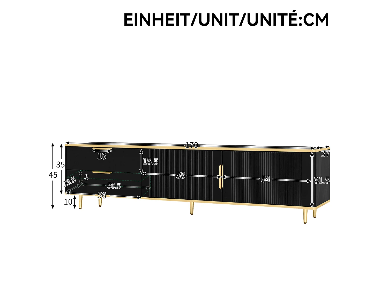 Tv-meubel 175x40x45 cm van spaanplaat, zwart met goud, met lades en opbergruimte