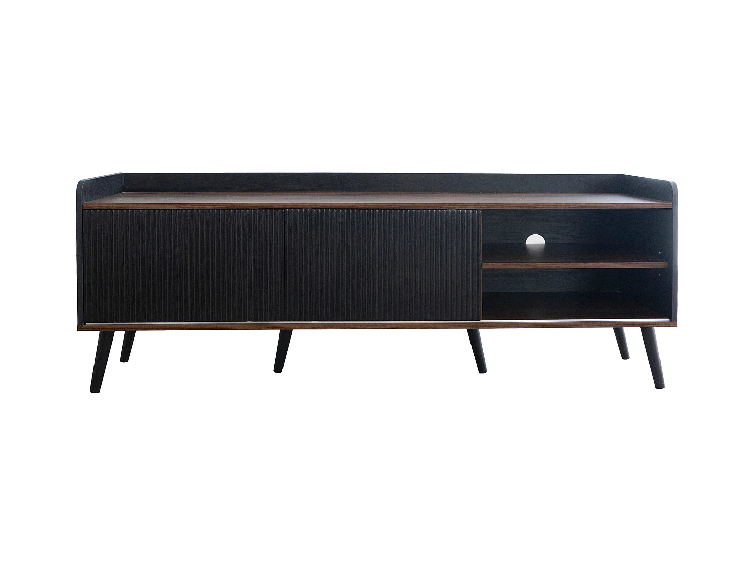 Meuble TV Lowboard noir/bois naturel avec 2 tiroirs, 2 portes coulissantes et plaque basse. H58×L160×P40 cm, parfait salon, grand espace de rangement