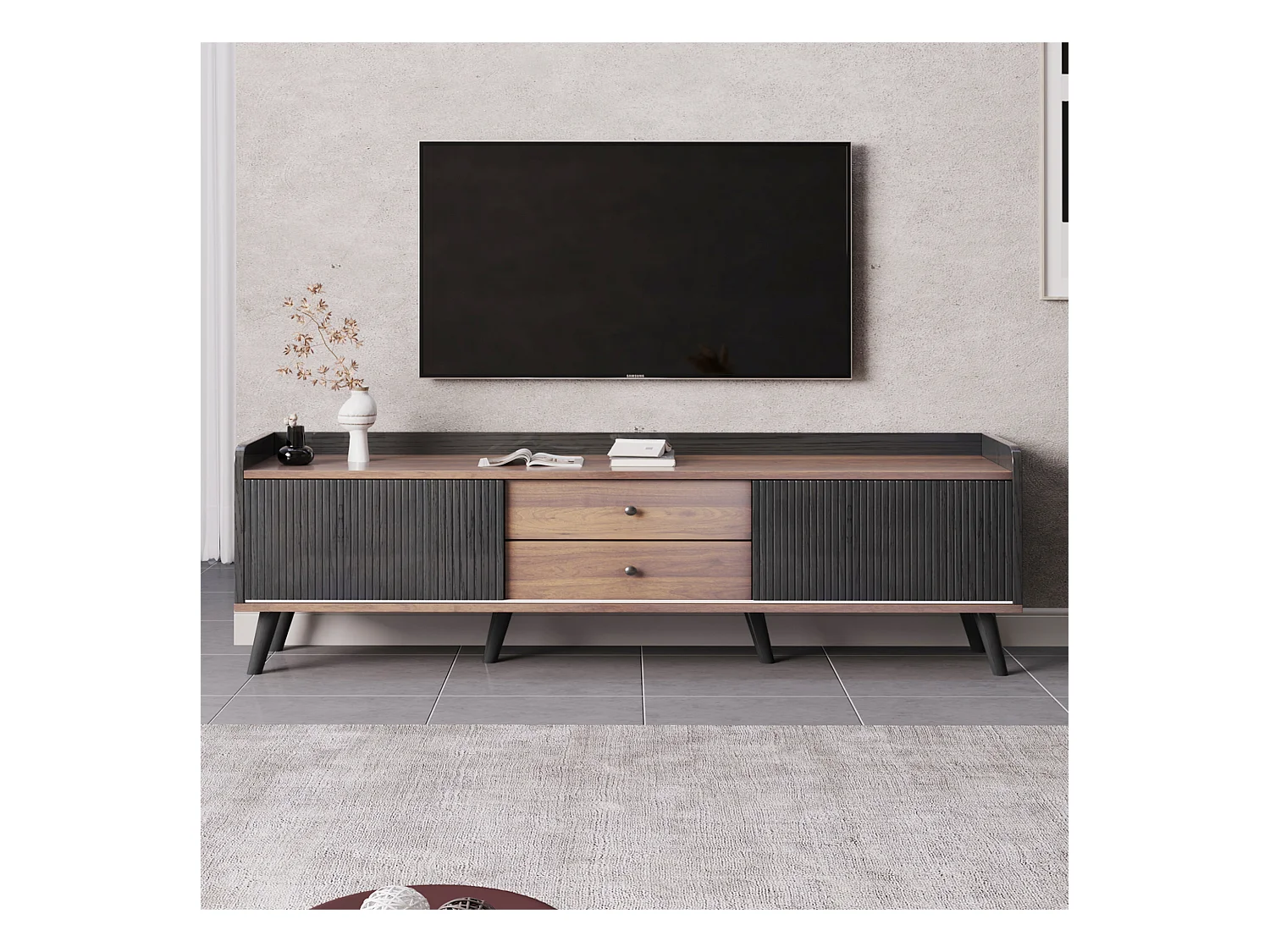 Meuble TV Lowboard noir/bois naturel avec 2 tiroirs, 2 portes coulissantes et plaque basse. H58×L160×P40 cm, parfait salon, grand espace de rangement