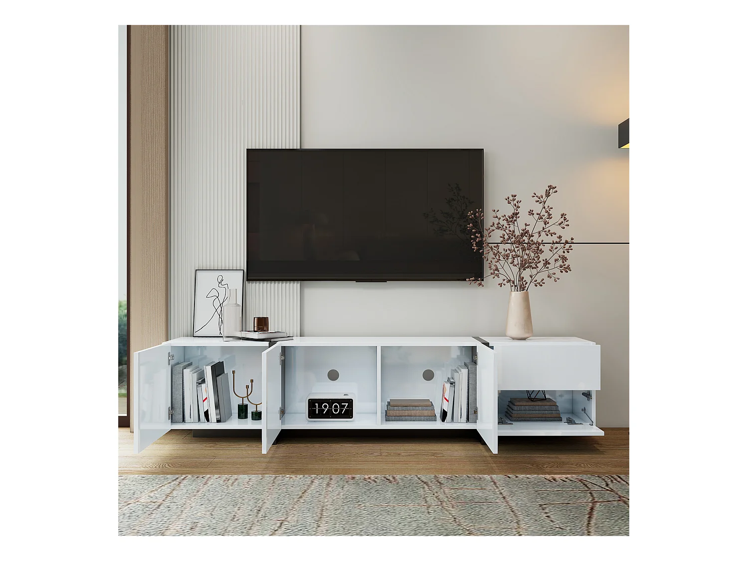 Meuble TV, lowboard, armoire laquée blanche avec pieds de table noirs, portes simples et tiroirs, design moderne et élégant pour le salon.