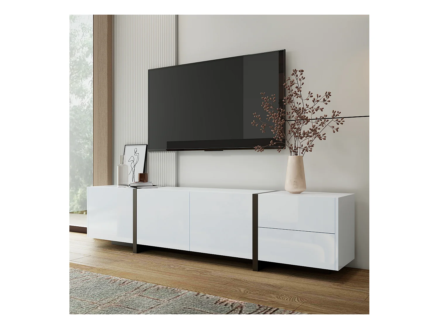 Meuble TV, lowboard, armoire laquée blanche avec pieds de table noirs, portes simples et tiroirs, design moderne et élégant pour le salon.