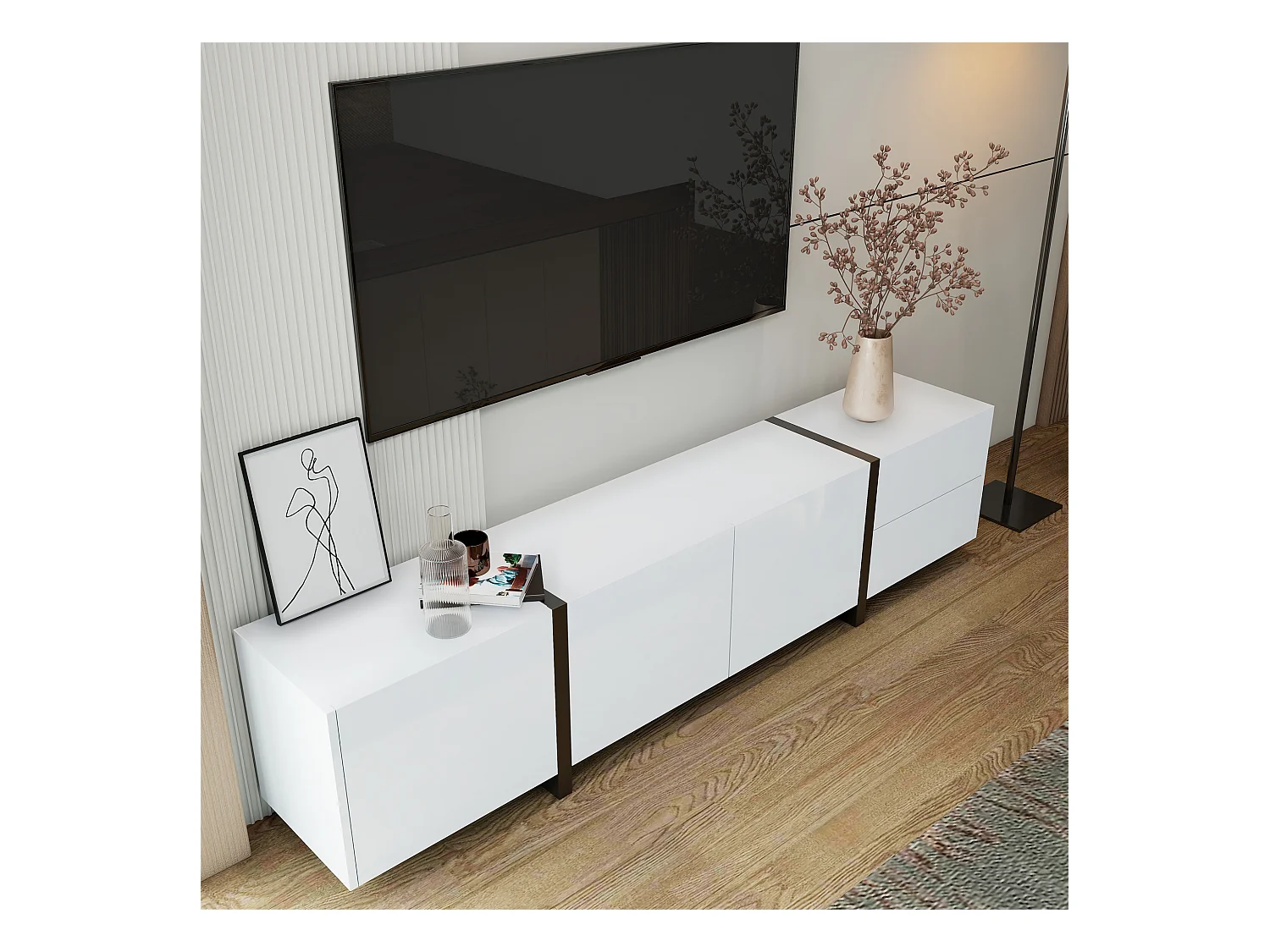 Meuble TV, lowboard, armoire laquée blanche avec pieds de table noirs, portes simples et tiroirs, design moderne et élégant pour le salon.