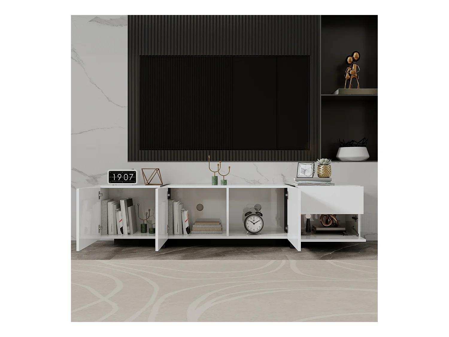 Meuble TV, lowboard, armoire laquée blanche avec pieds de table noirs, portes simples et tiroirs, design moderne et élégant pour le salon.