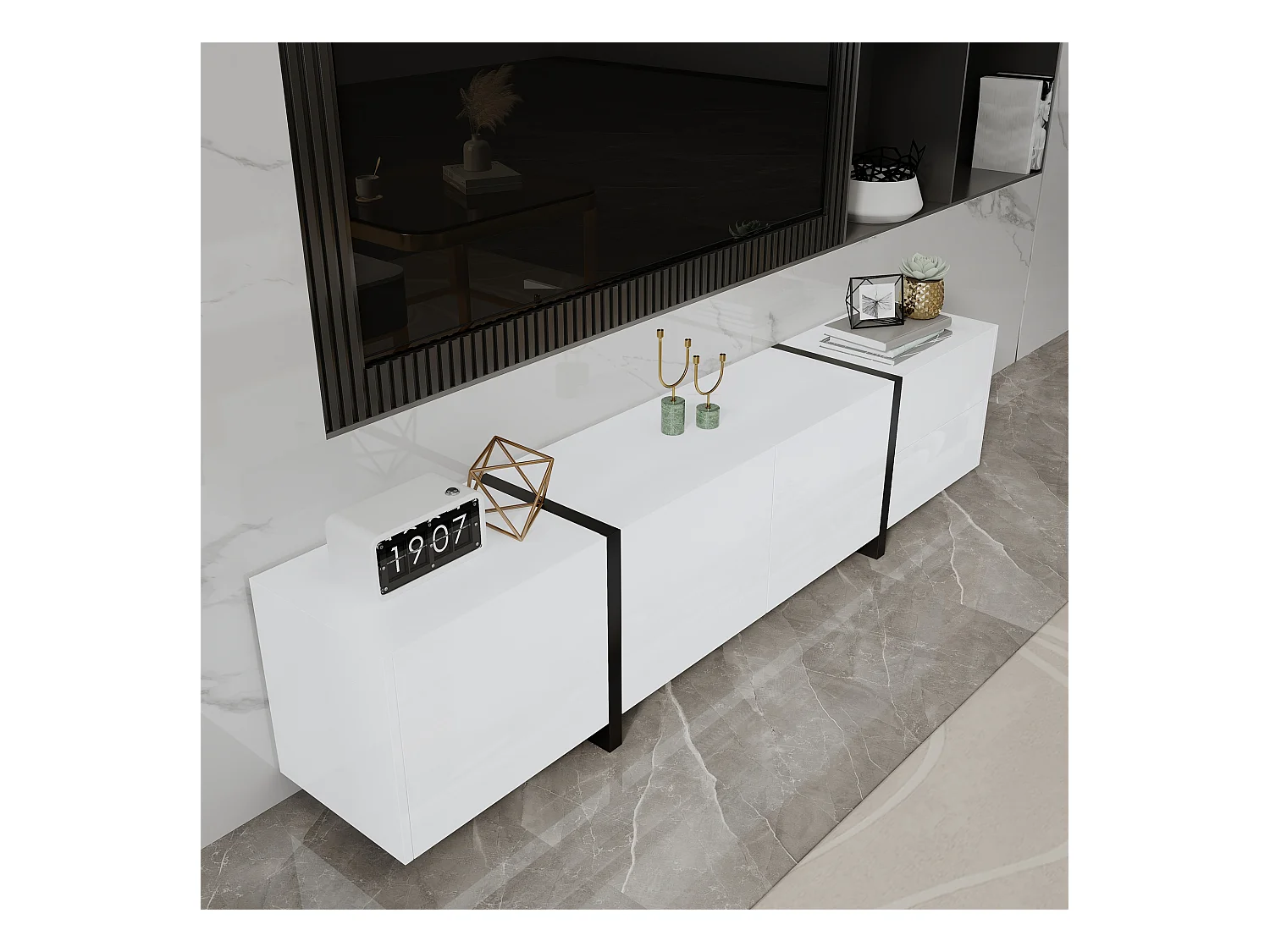 Meuble TV, lowboard, armoire laquée blanche avec pieds de table noirs, portes simples et tiroirs, design moderne et élégant pour le salon.