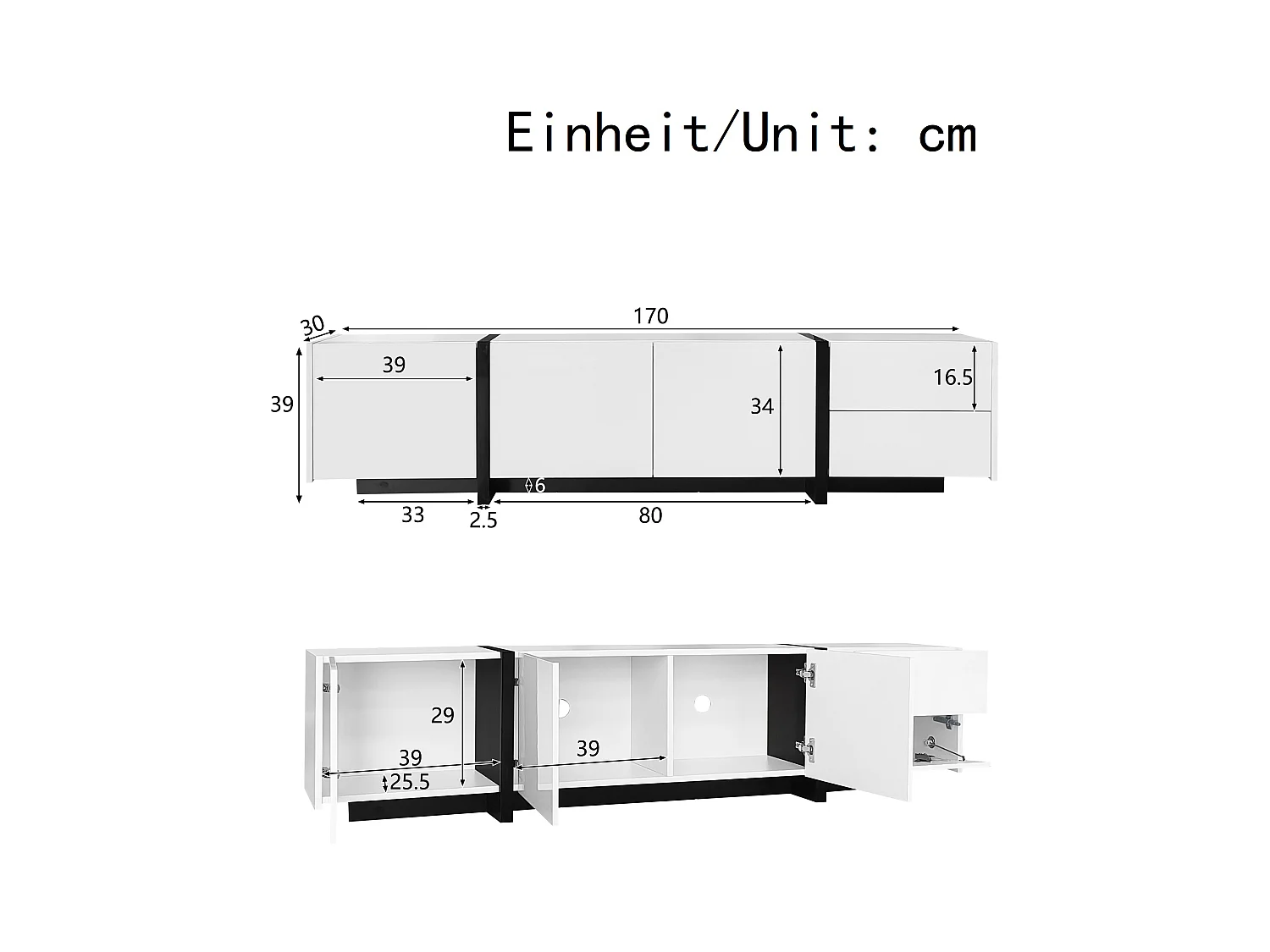 Meuble TV, lowboard, armoire laquée blanche avec pieds de table noirs, portes simples et tiroirs, design moderne et élégant pour le salon.