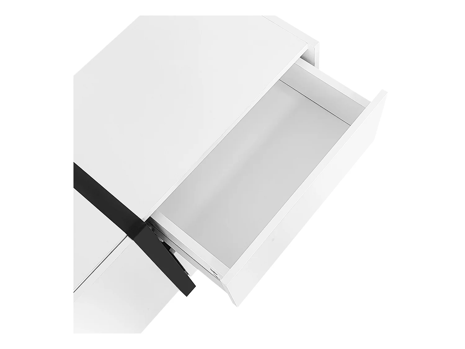 Meuble TV, lowboard, armoire laquée blanche avec pieds de table noirs, portes simples et tiroirs, design moderne et élégant pour le salon.