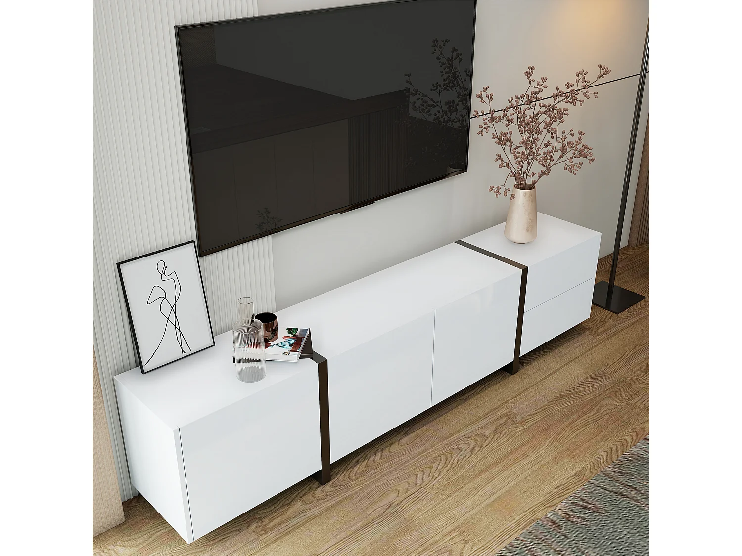 Meuble TV, lowboard, armoire laquée blanche avec pieds de table noirs, portes simples et tiroirs, design moderne et élégant pour le salon.