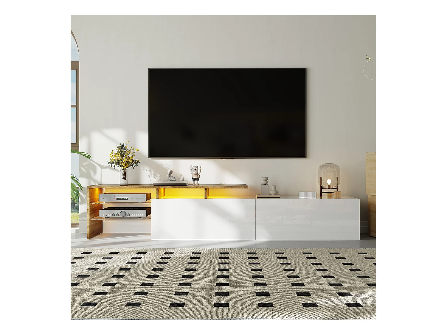 Meuble TV moderne blanc brillant avec finition bois, plateaux en verre et LED intégrée. Design élégant et stylé, offre un rangement pratique au salon