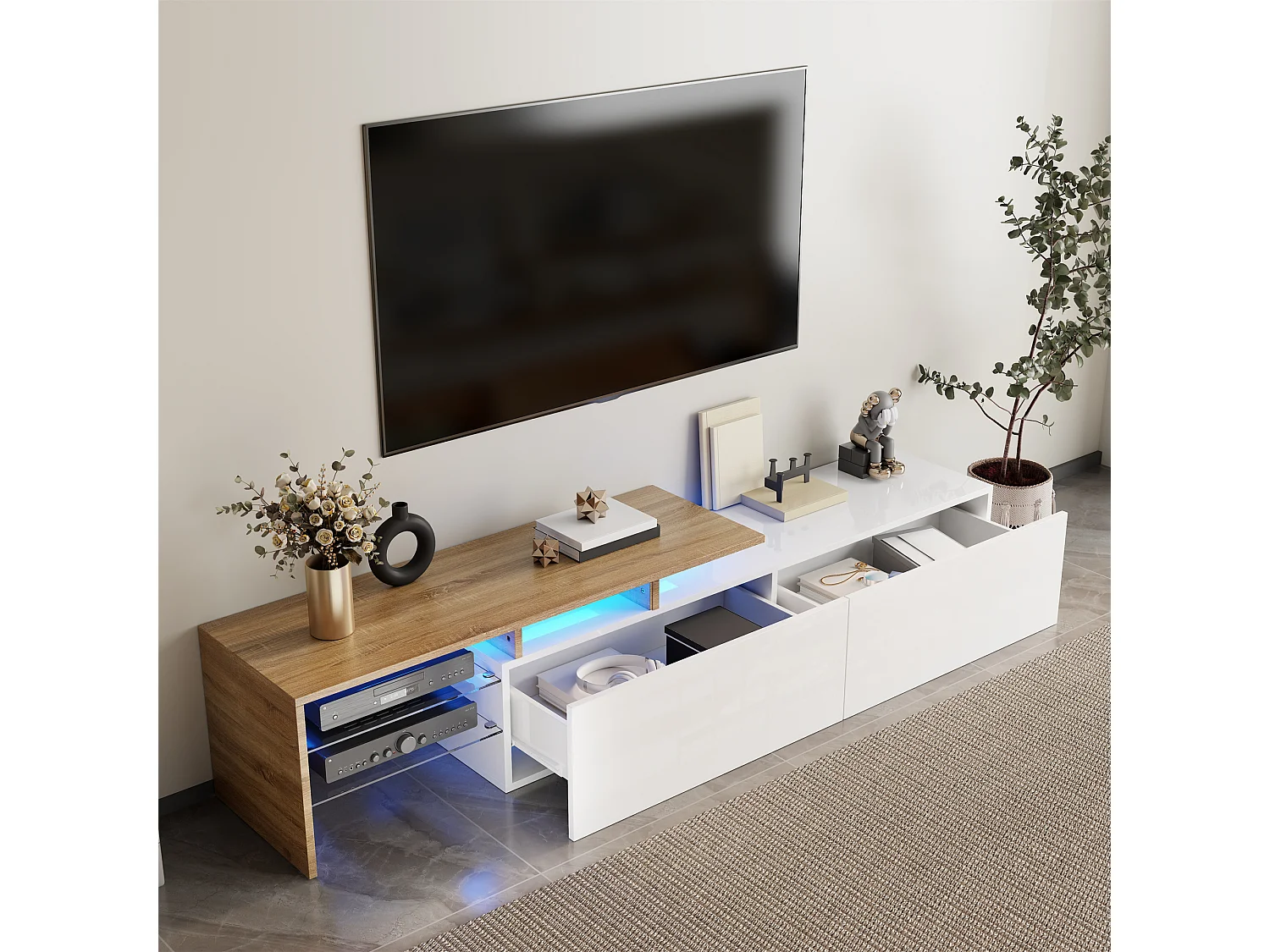Meuble TV moderne blanc brillant avec finition bois, plateaux en verre et LED intégrée. Design élégant et stylé, offre un rangement pratique au salon