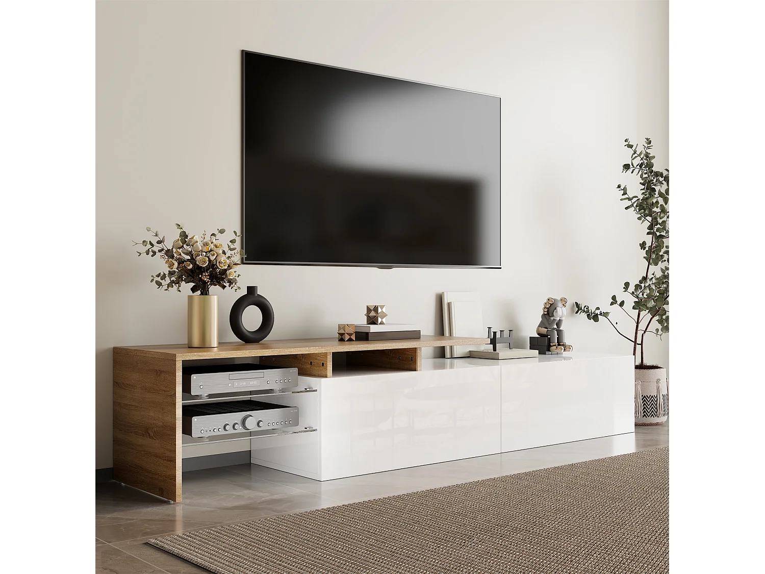 Meuble TV moderne blanc brillant avec finition bois, plateaux en verre et LED intégrée. Design élégant et stylé, offre un rangement pratique au salon