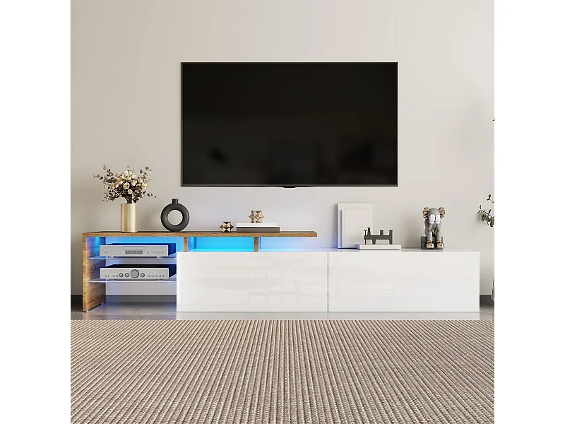 Meuble TV moderne blanc brillant avec finition bois, plateaux en verre et LED intégrée. Design élégant et stylé, offre un rangement pratique au salon