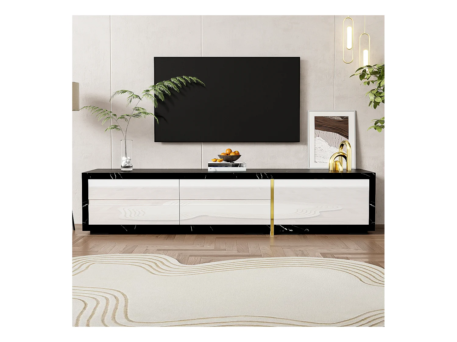 Meuble TV moderne avec longueur variable (140-260 cm), fonction rotative, finition marbre noir, mat et brillant blanc, décorations dorées.