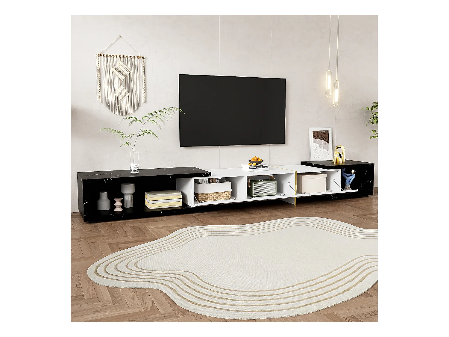 Meuble TV moderne avec longueur variable (140-260 cm), fonction rotative, finition marbre noir, mat et brillant blanc, décorations dorées.