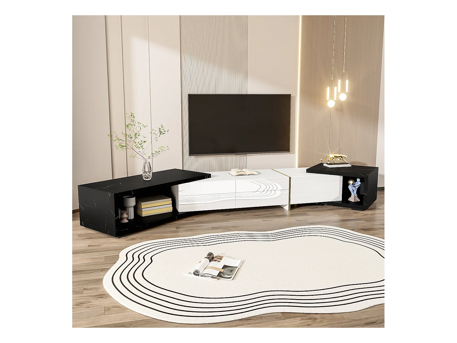 Meuble TV moderne avec longueur variable (140-260 cm), fonction rotative, finition marbre noir, mat et brillant blanc, décorations dorées.
