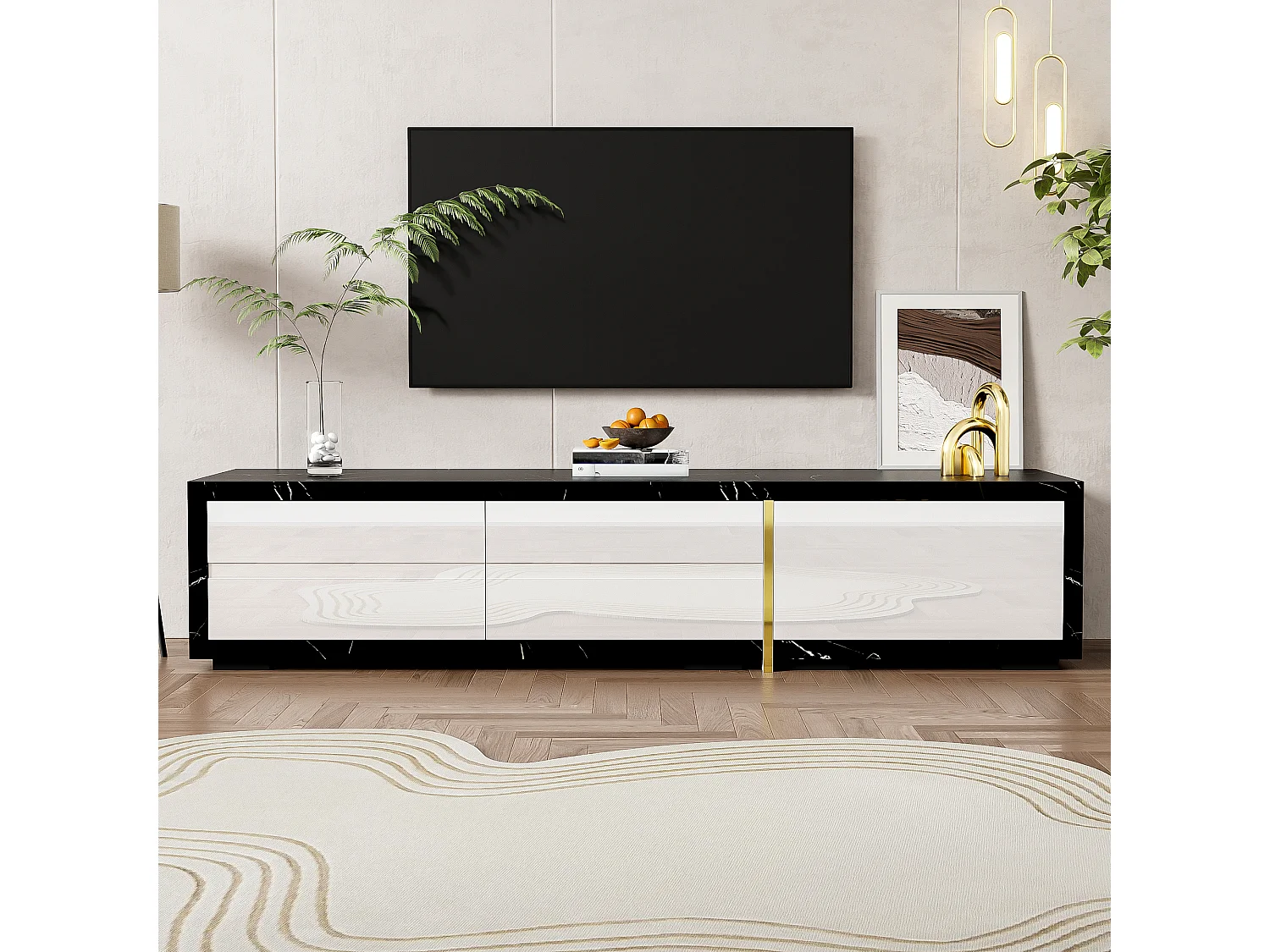 Meuble TV moderne avec longueur variable (140-260 cm), fonction rotative, finition marbre noir, mat et brillant blanc, décorations dorées.