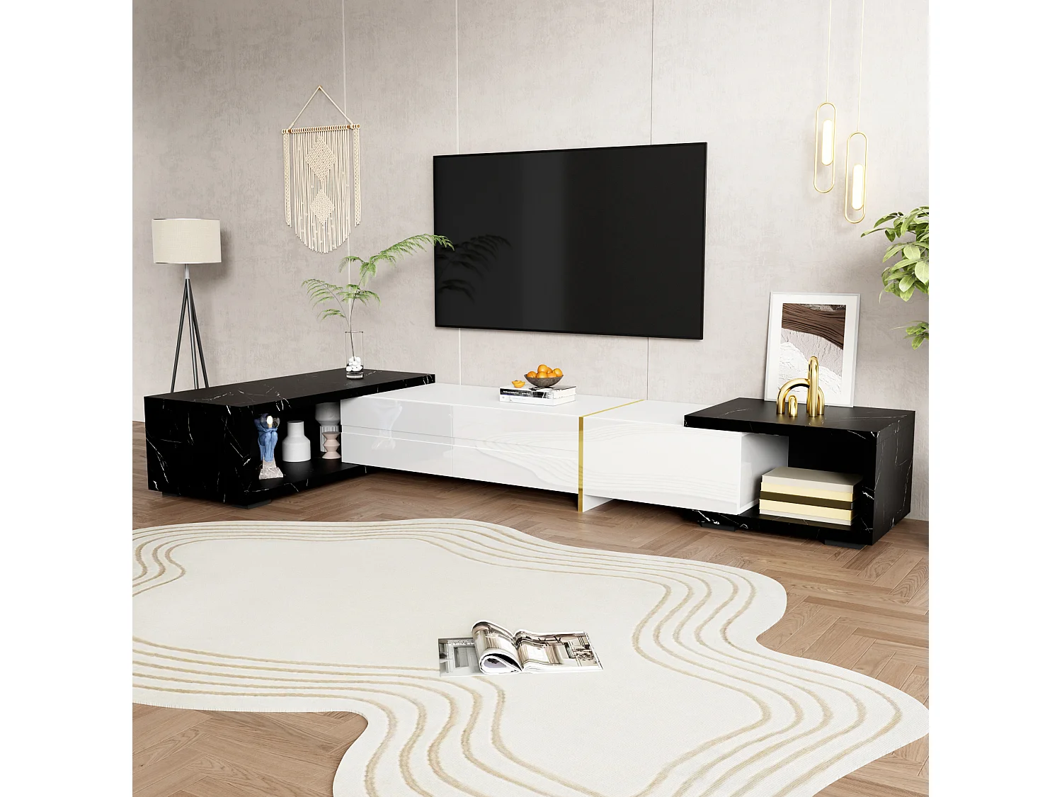 Meuble TV moderne avec longueur variable (140-260 cm), fonction rotative, finition marbre noir, mat et brillant blanc, décorations dorées.