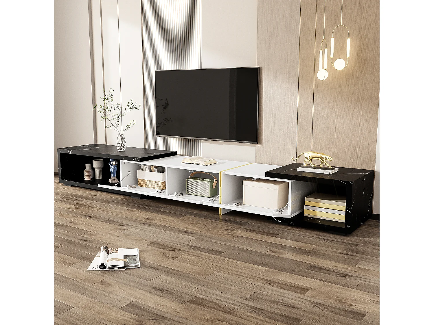 Meuble TV moderne avec longueur variable (140-260 cm), fonction rotative, finition marbre noir, mat et brillant blanc, décorations dorées.