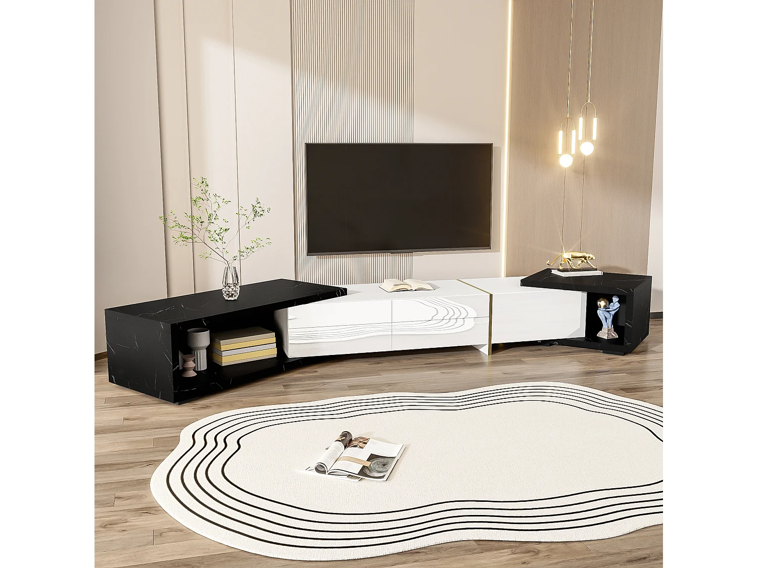 Meuble TV moderne avec longueur variable (140-260 cm), fonction rotative, finition marbre noir, mat et brillant blanc, décorations dorées.