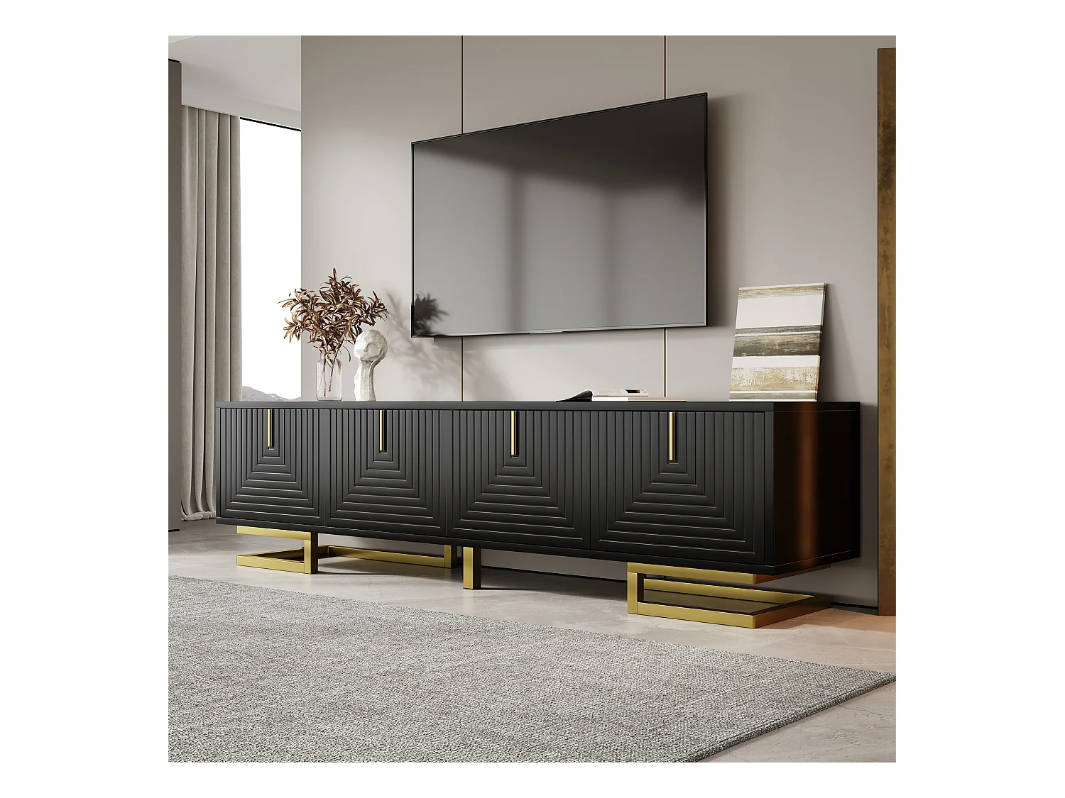Meuble TV, Lowboard avec Portes Structurées, Poignées Dorées et Pieds Dorés