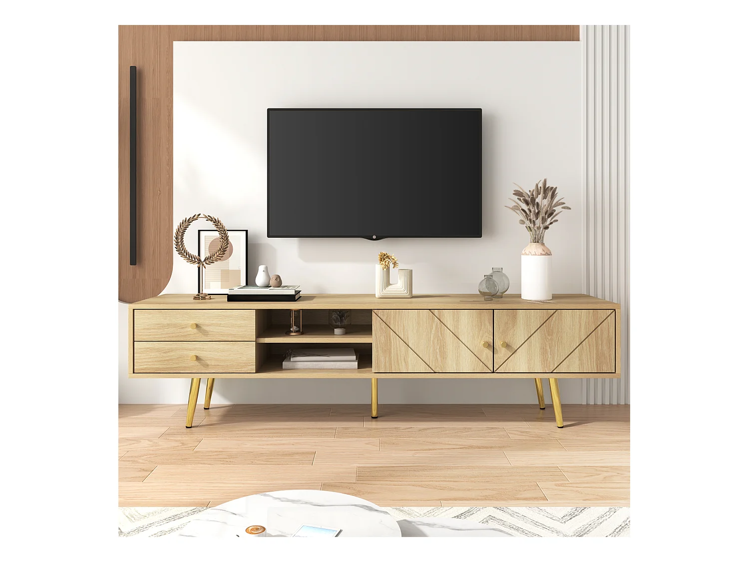 Meuble TV avec tiroirs et coins arrondis – Meuble TV pour salon avec côtés ondulés, poignées et pieds métalliques dorés, élégant aspect bois, rangement pratique