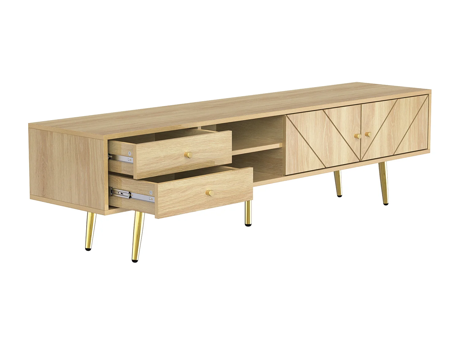 Meuble TV avec tiroirs et coins arrondis – Meuble TV pour salon avec côtés ondulés, poignées et pieds métalliques dorés, élégant aspect bois, rangement pratique