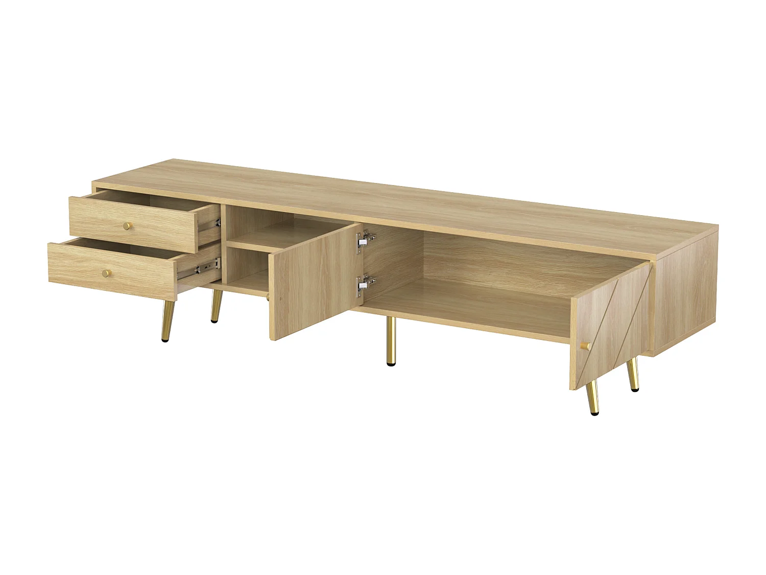 Meuble TV avec tiroirs et coins arrondis – Meuble TV pour salon avec côtés ondulés, poignées et pieds métalliques dorés, élégant aspect bois, rangement pratique