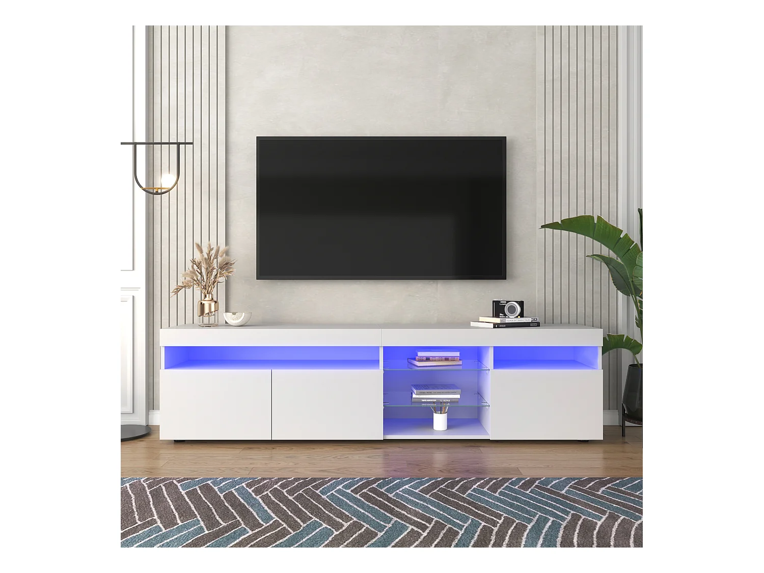 Meuble TV moderne blanc, panneau clair, éclairage LED variable, pour salon et salle à manger, 180 cm