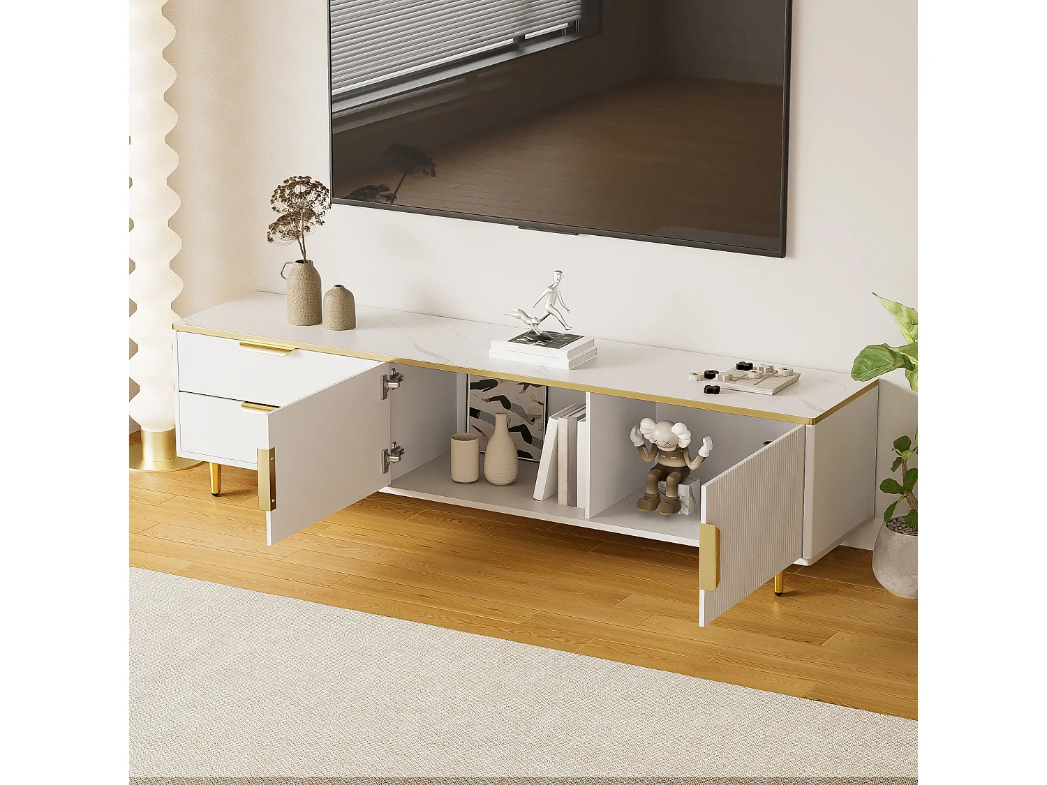 Tv-meubel 175x40x45 cm van spaanplaat, wit met goudkleurige details, met 2 lades