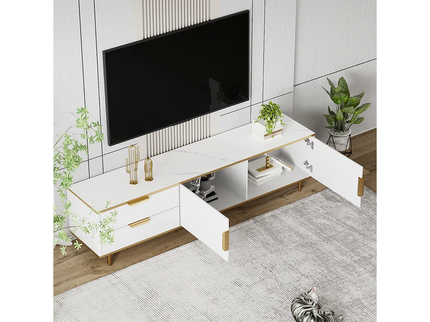Tv-meubel 175x40x45 cm van spaanplaat, wit met goudkleurige details, met 2 lades