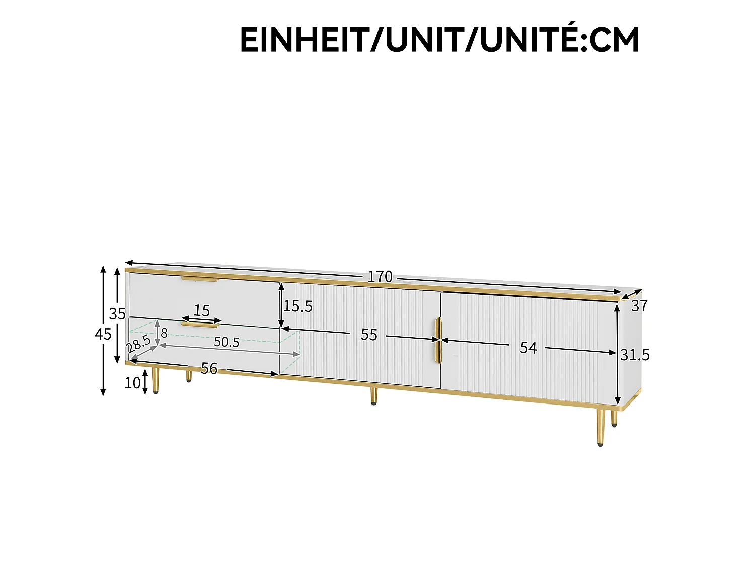 Tv-meubel 175x40x45 cm van spaanplaat, wit met goudkleurige details, met 2 lades
