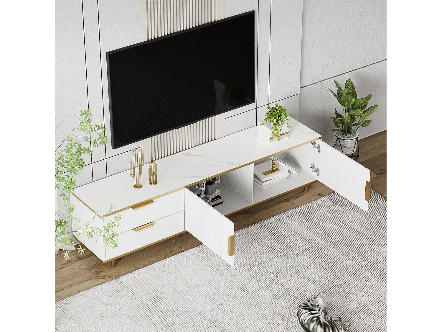 Meuble TV, table basse avec texture sculptée, poignées et pieds dorés, meuble pour salon avec structure en marbre