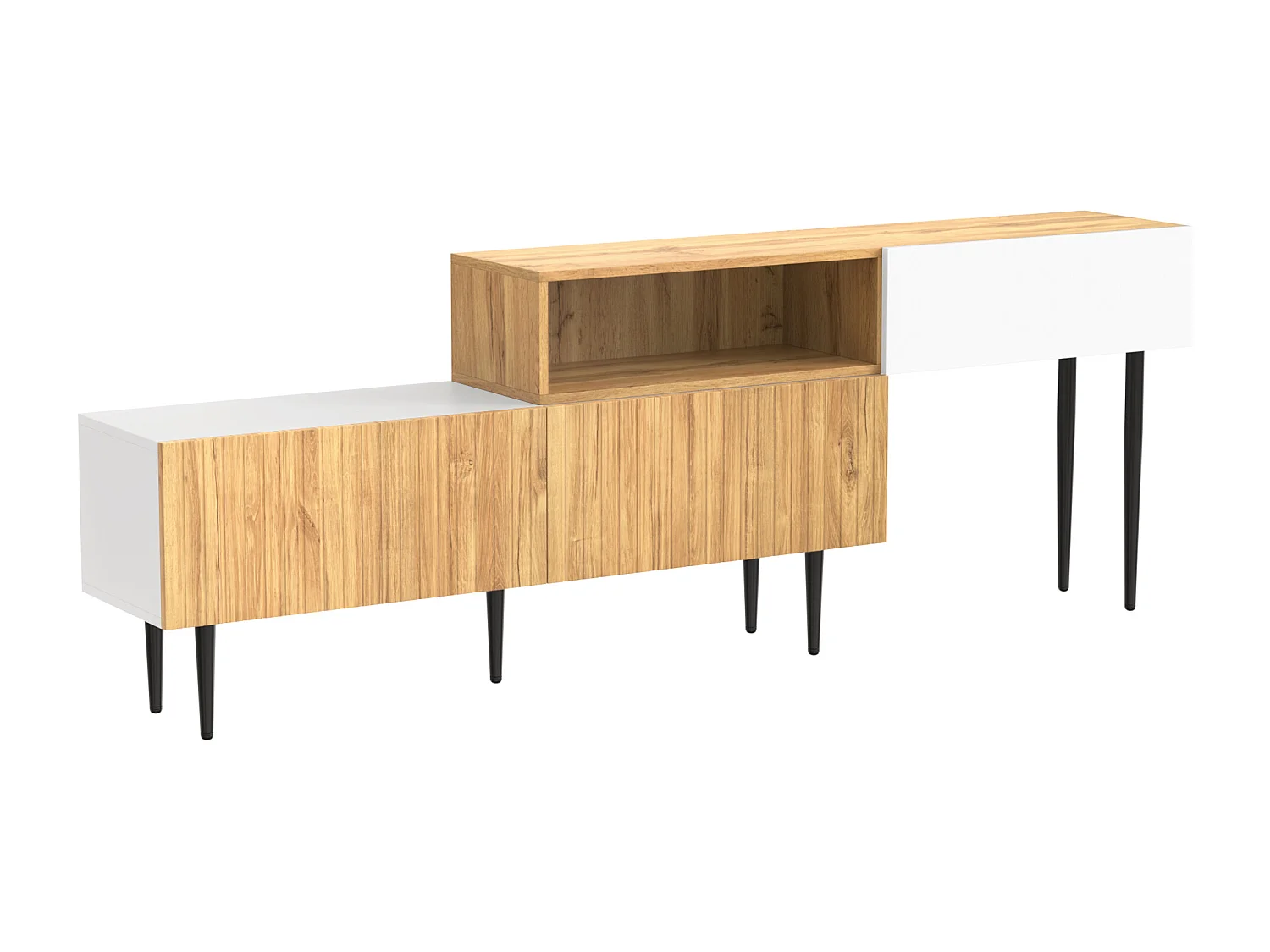 Meuble TV moderne à longueur réglable, design modulaire 2 pièces, effet bois + blanc mat, pieds métalliques noirs, meuble multifonction pour salon