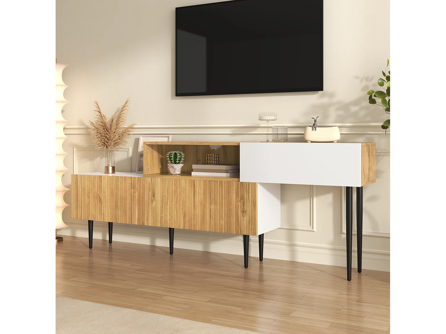 Meuble TV moderne à longueur réglable, design modulaire 2 pièces, effet bois + blanc mat, pieds métalliques noirs, meuble multifonction pour salon