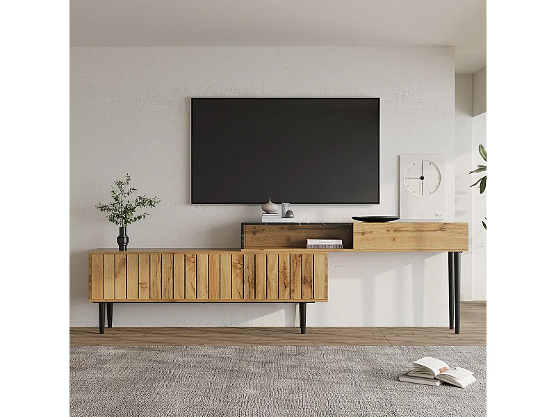 Support TV moderne avec design marbre et bois, bord PVC, pieds en fer, couleur bois foncé, décor intérieur, gain de place, durable et résistant