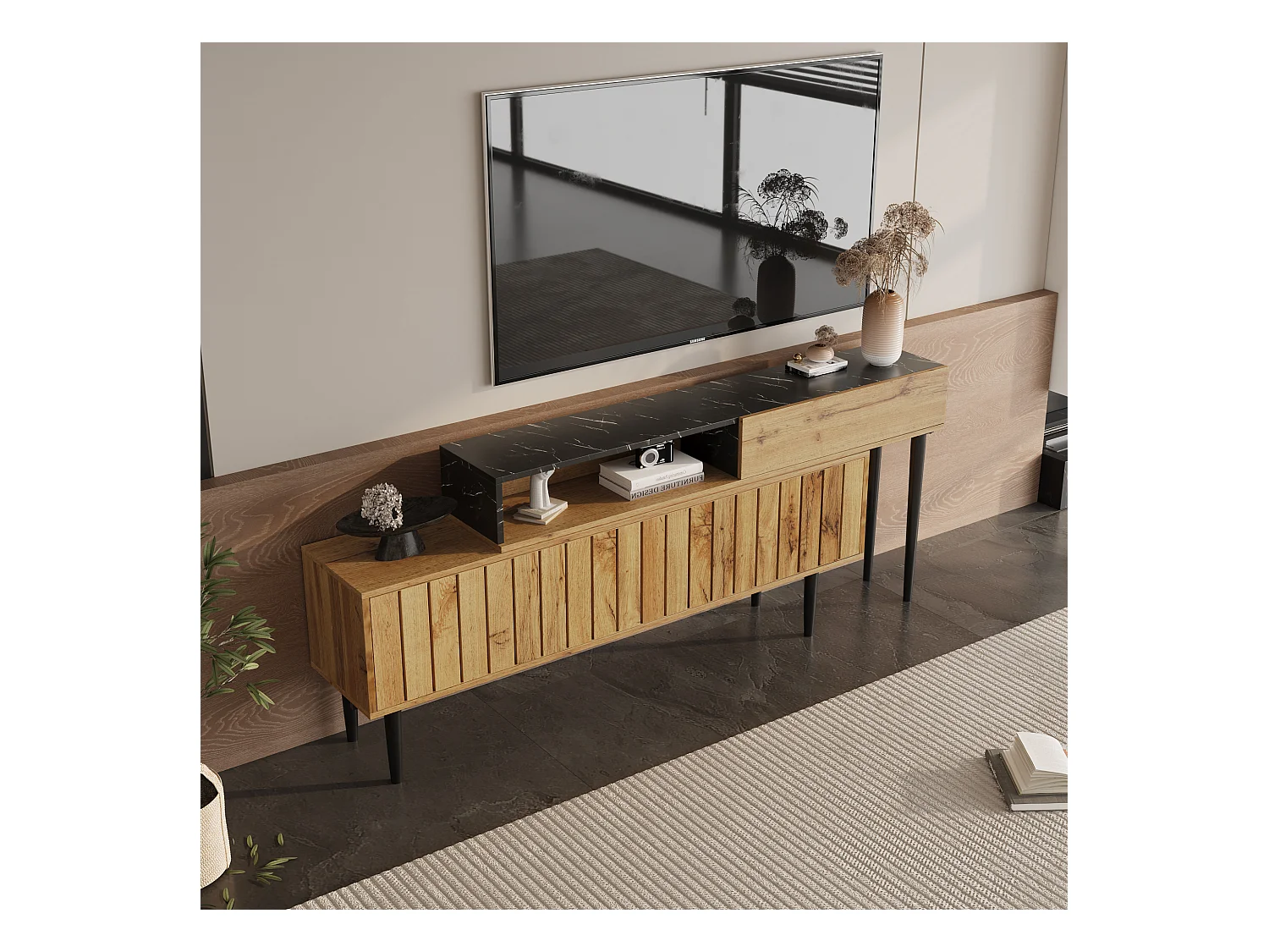 Support TV moderne avec design marbre et bois, bord PVC, pieds en fer, couleur bois foncé, décor intérieur, gain de place, durable et résistant