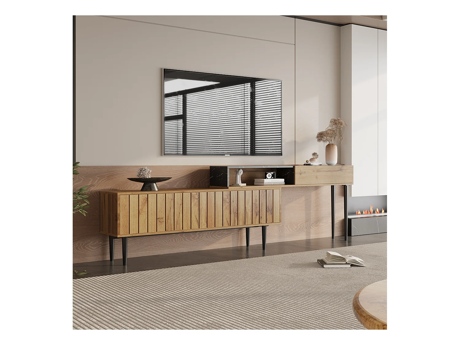 Support TV moderne avec design marbre et bois, bord PVC, pieds en fer, couleur bois foncé, décor intérieur, gain de place, durable et résistant