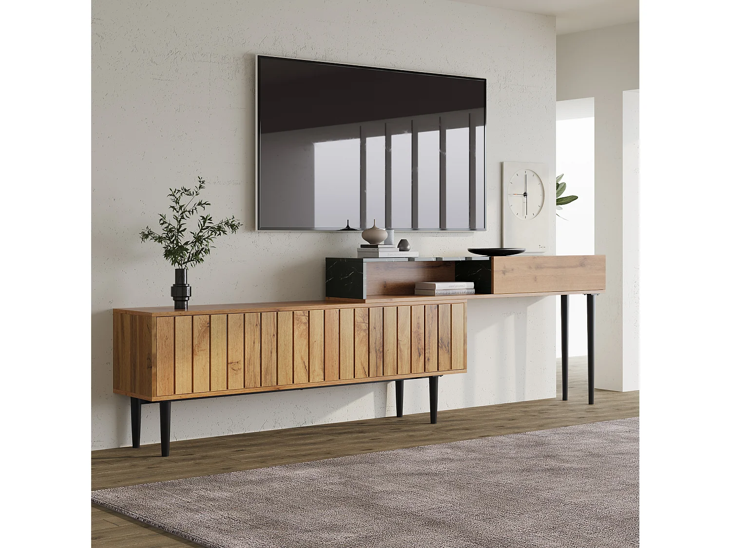 Support TV moderne avec design marbre et bois, bord PVC, pieds en fer, couleur bois foncé, décor intérieur, gain de place, durable et résistant