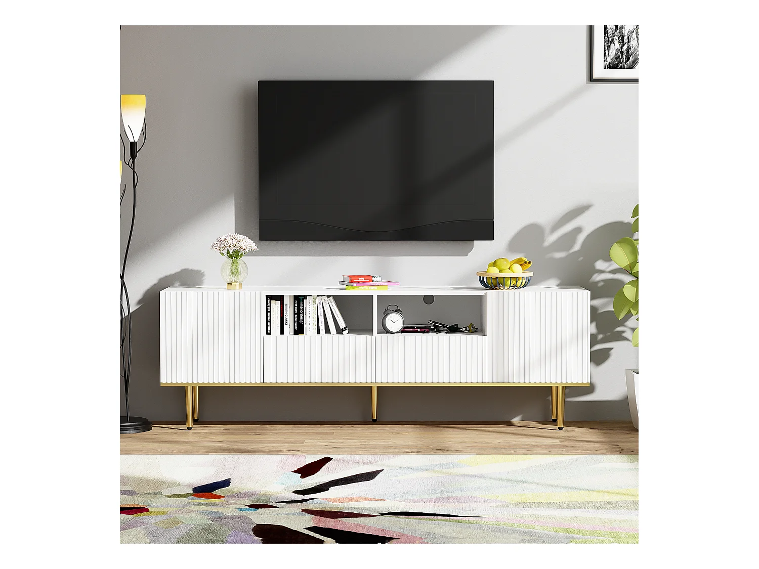 Meuble TV moderne, meuble TV avec pieds dorés et bord doré