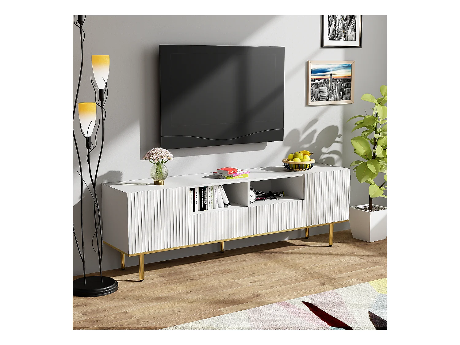 Meuble TV moderne, meuble TV avec pieds dorés et bord doré