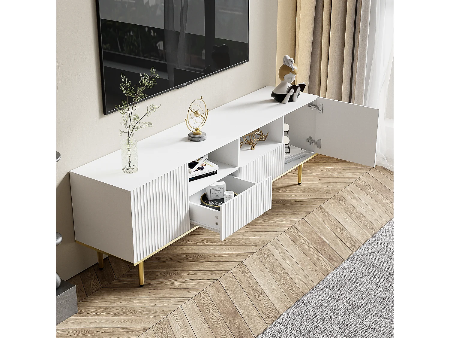 Meuble TV moderne, meuble TV avec pieds dorés et bord doré