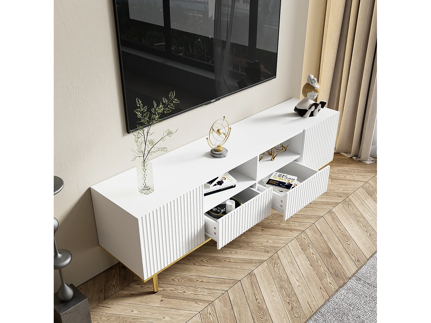 Meuble TV moderne, meuble TV avec pieds dorés et bord doré