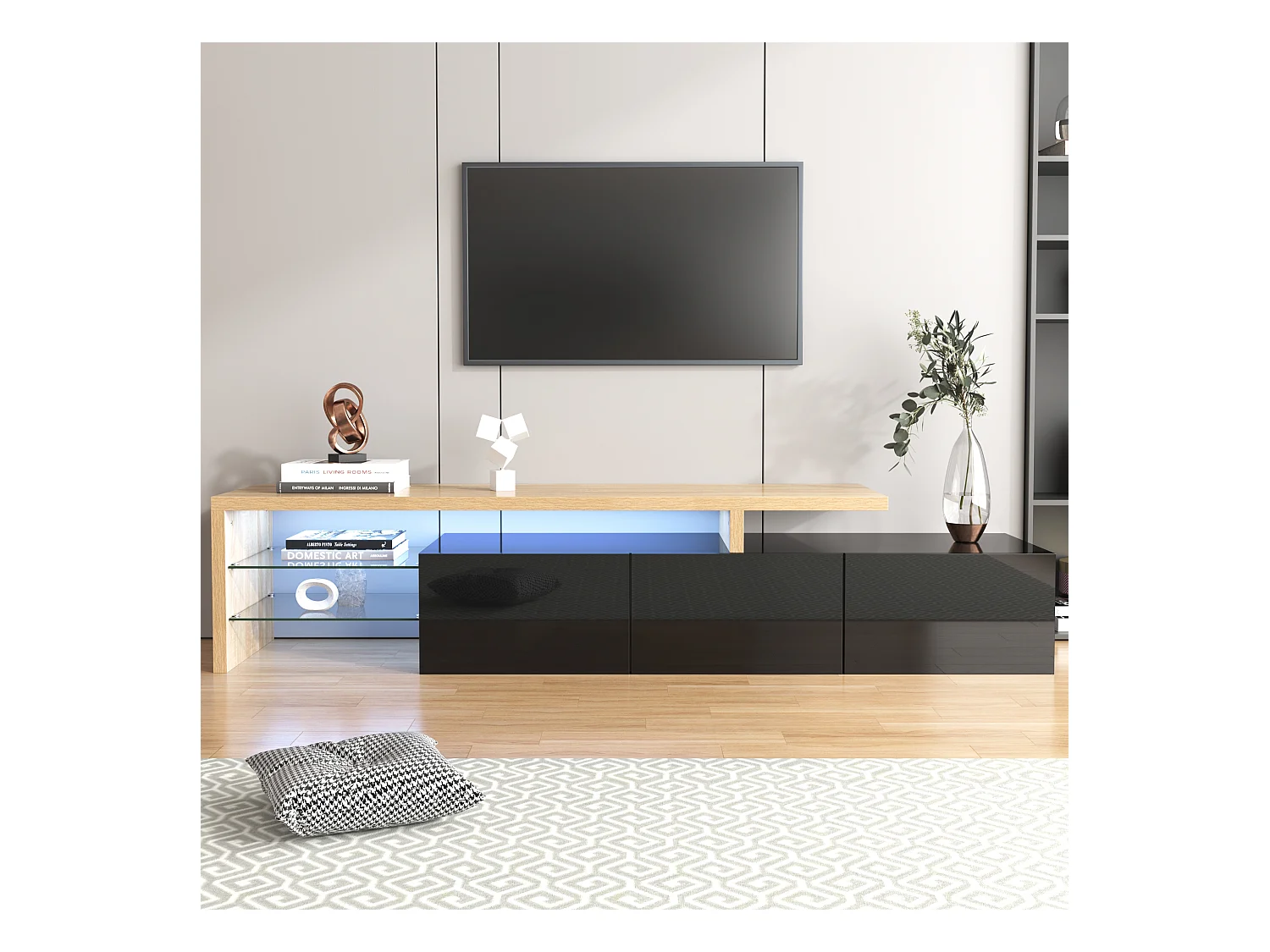 Meuble TV Moderne : Élégance Stylée, Rangement Pratique, Noir Brillant, Aspect Bois, Étagères en Verre, Éclairage LED